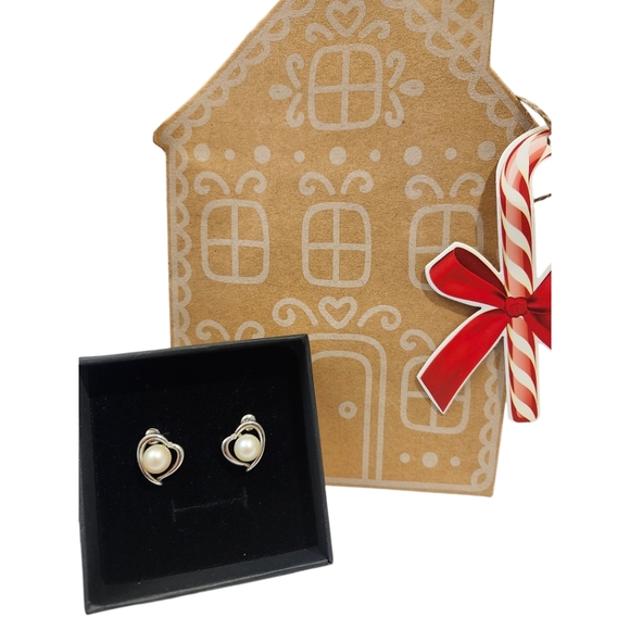 Freshwater Cultured Pearl and Diamond Heart Frame Stud Earrings Sterling Silver - Picture 6 of 6